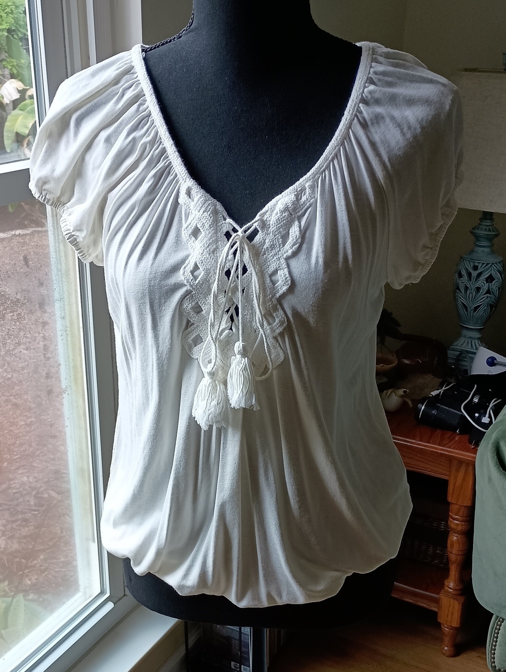 Max Edition Cream Lace-Up Tassel Peasant Top